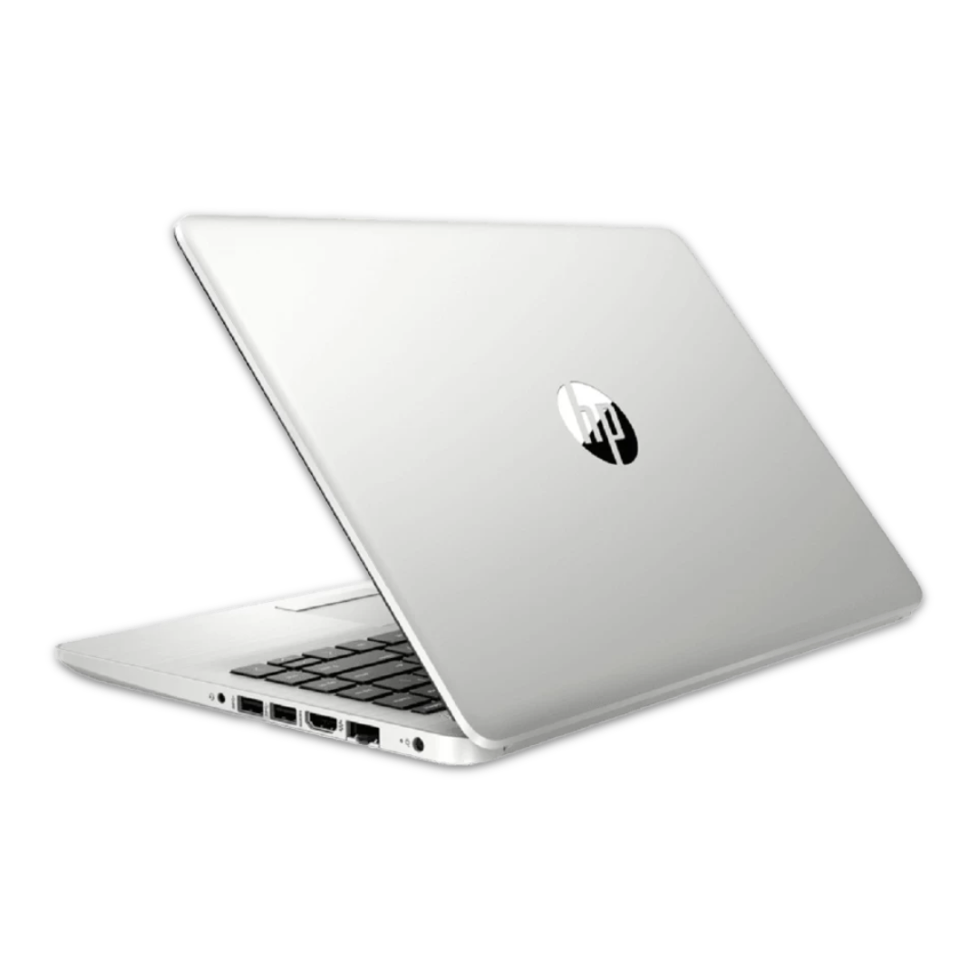 Silver HP 348 laptop, logo facing out