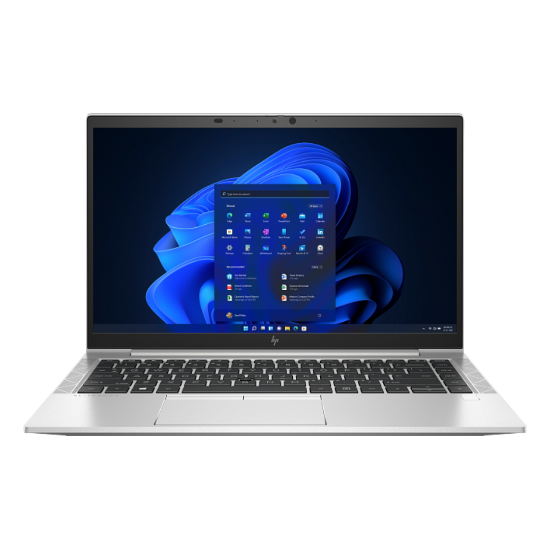 A silver HP Elitebook laptop facing front with screen showing Windows 11