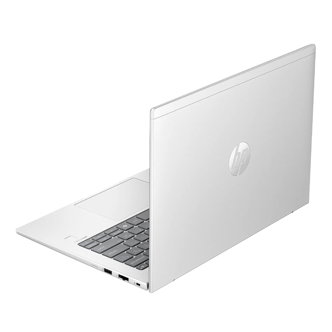 A silver HP ProBook 440 G11 laptop shown at an angle with the screen open, featuring a minimalist design and the HP logo on the back of the lid.