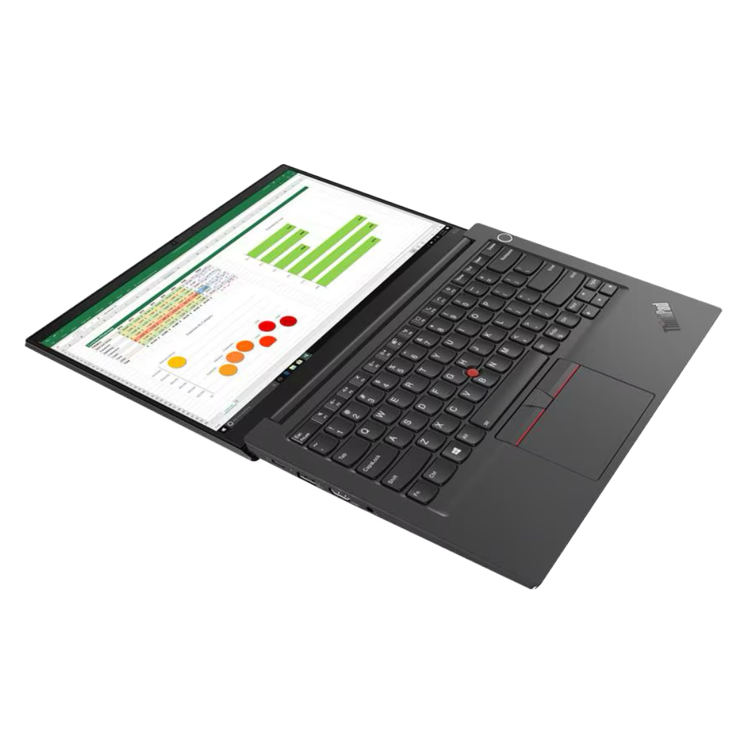 A black Lenovo ThinkPad laptop shown open at an angle, displaying a spreadsheet and green bar chart on its screen against a plain white background.
