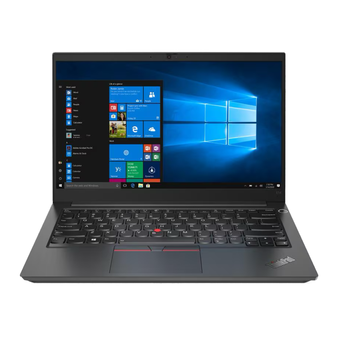 A black Lenovo ThinkPad laptop shown open from the front with the Windows desktop visible on the screen.