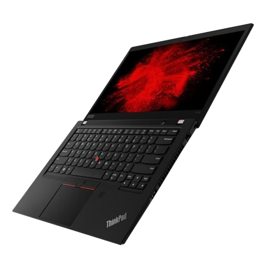 A black Lenovo ThinkPad P14s laptop shown open from the front