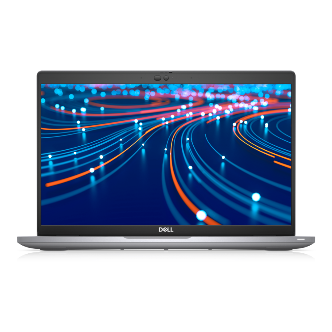 A silver Dell laptop shown open, with the screen displaying a blue and orange abstract digital graphic.