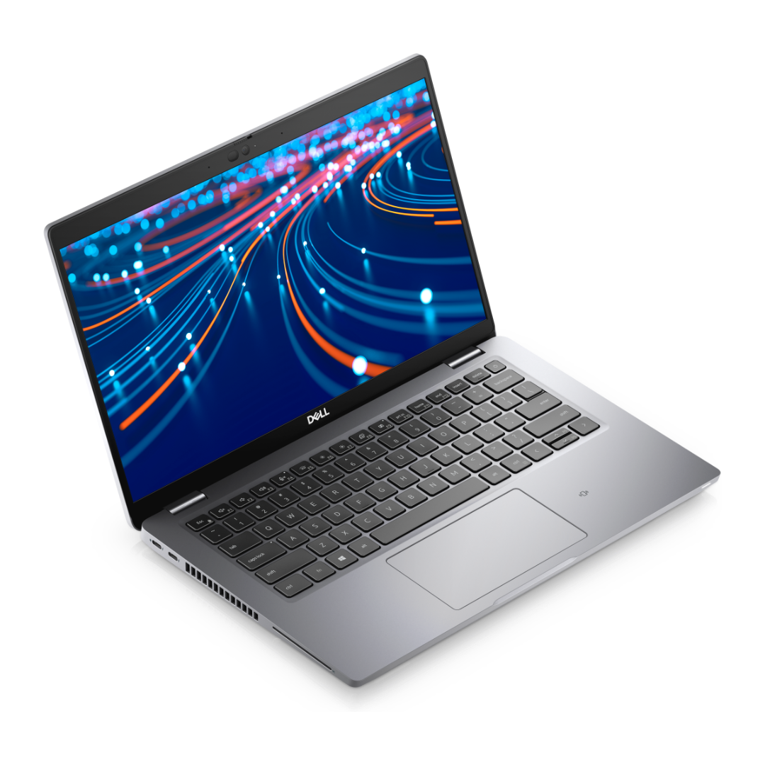 A silver Dell laptop shown open at an angle, featuring a black keyboard and a vibrant blue screen displaying abstract wallpaper.