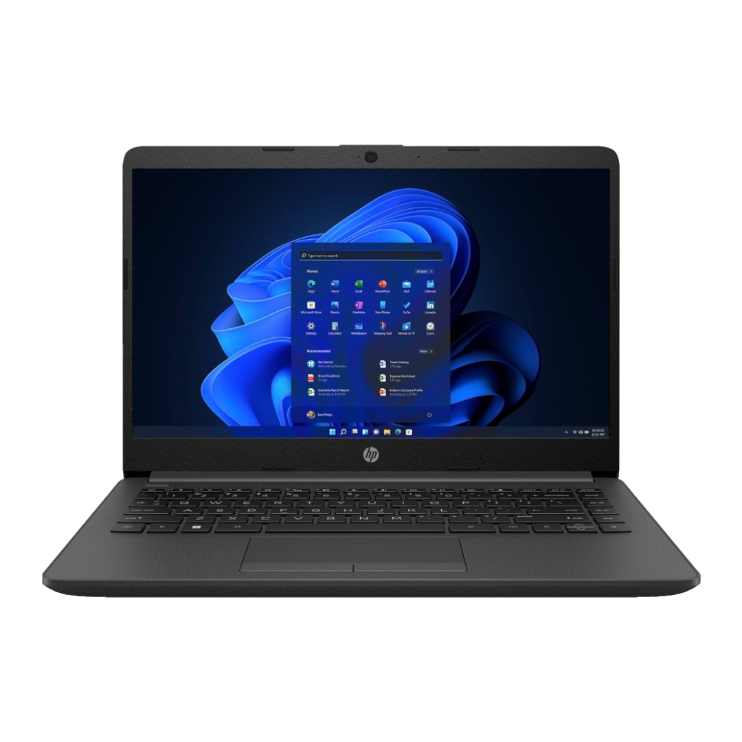 HP 240 G8 laptop in black colour. Screen shows Windows 11.