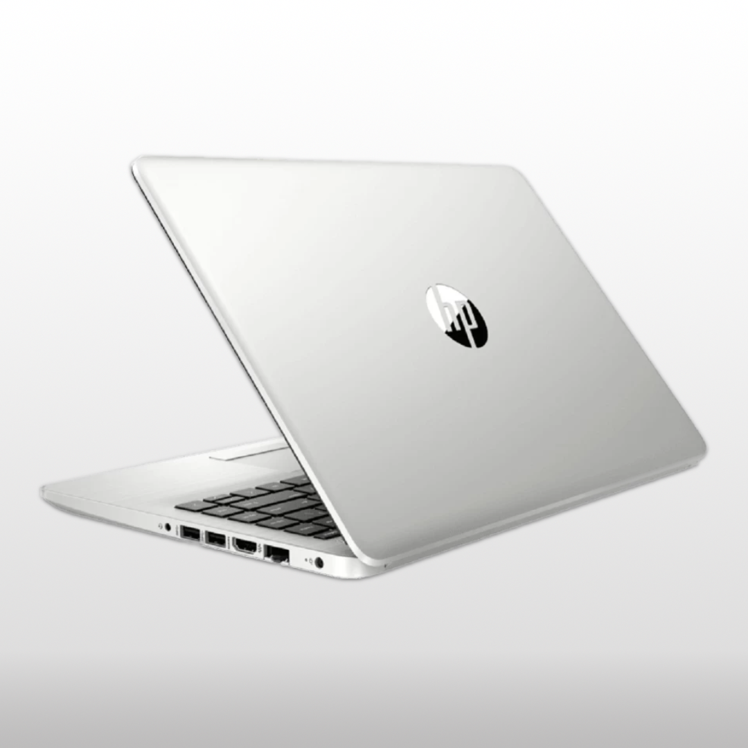 Silver HP laptop on a light gray background
