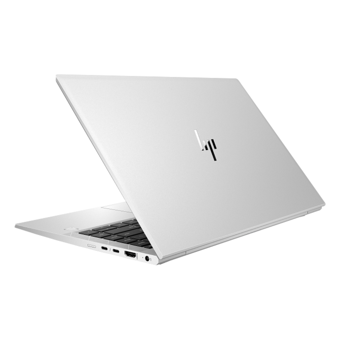 A silver HP laptop shown open at an angle, with the back of the lid featuring the HP logo