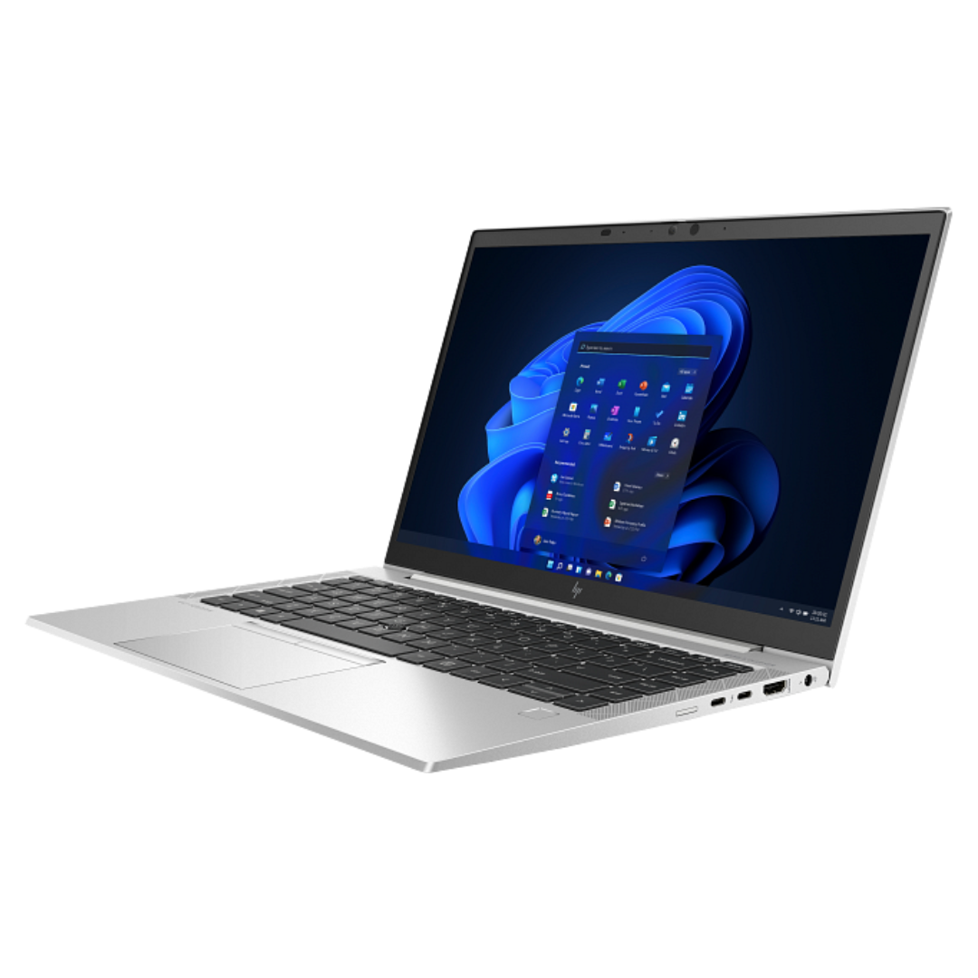 Silver HP Elitebook laptop facing left with screen showing Windows 11