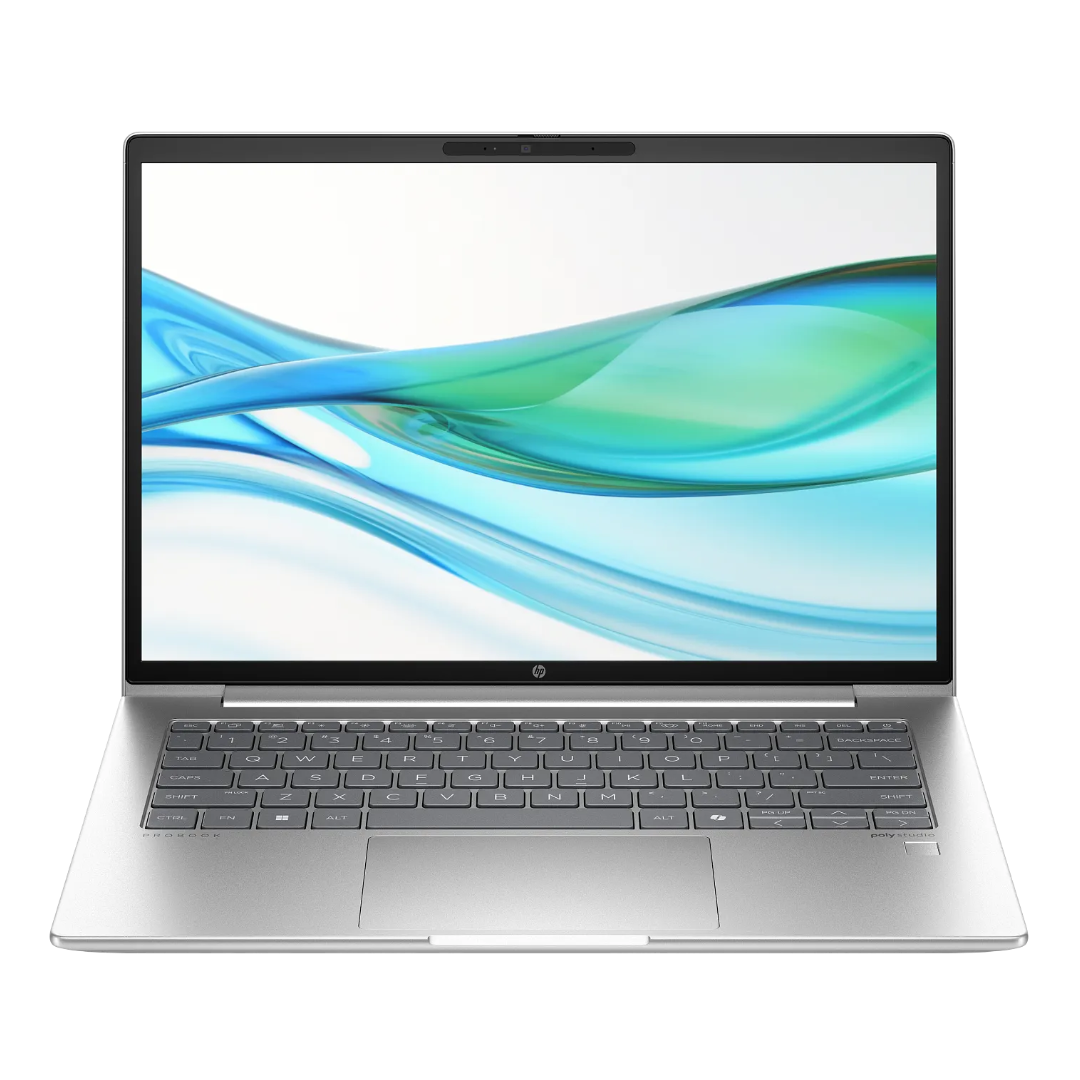 A silver HP Probook 440 G11 laptop with a black keyboard and a colorful screen.