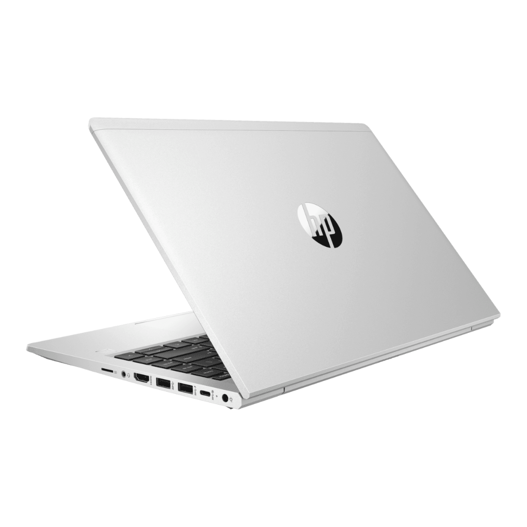 A silver HP laptop shown open at an angle, with the HP logo visible on the back of the lid