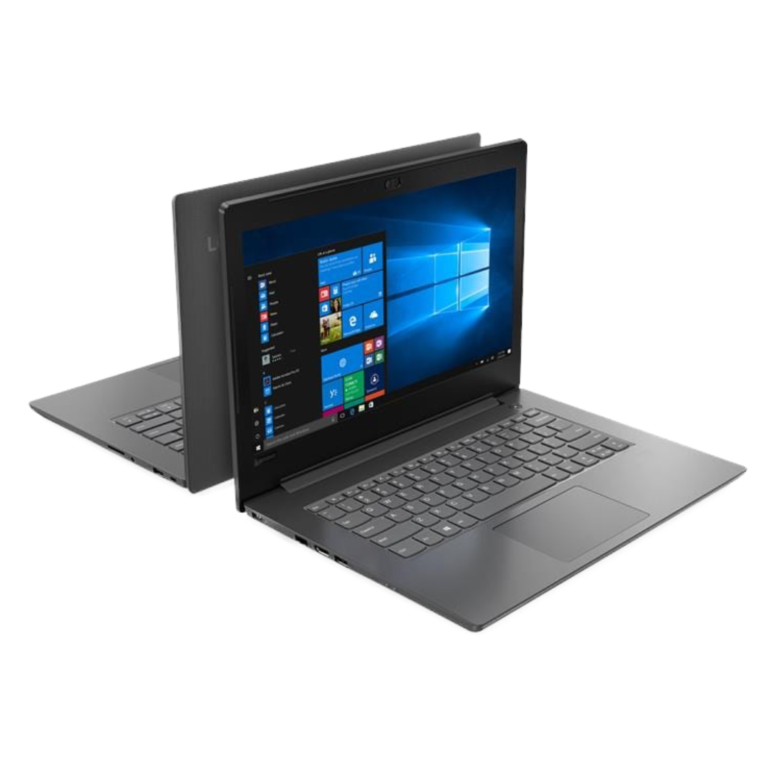 Two Lenovo V130 laptops back to back with Windows operating system displayed on the screen.