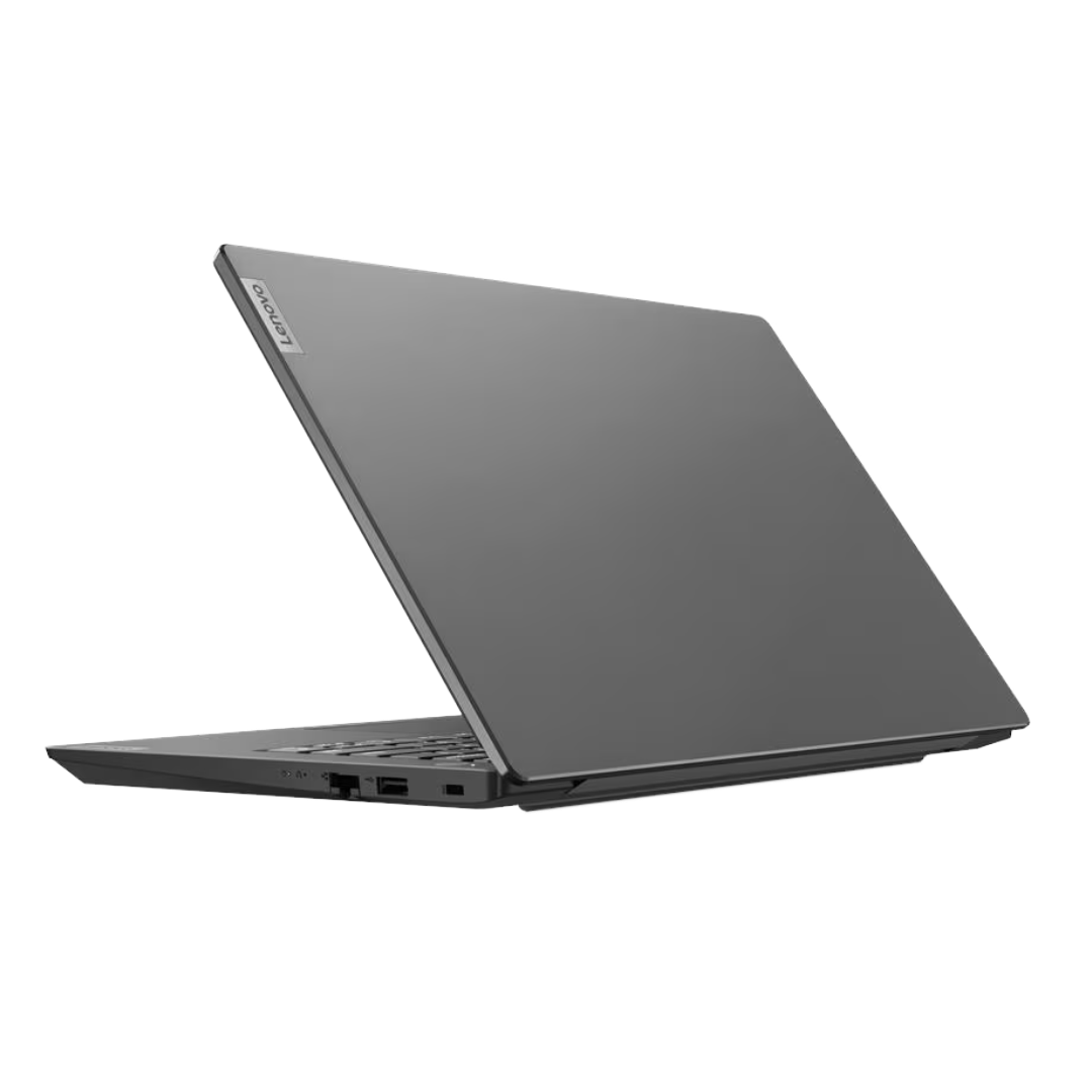 A Lenovo laptop shown open at an angle, featuring a dark gray metallic finish and a visible Lenovo logo on the upper left corner of the lid