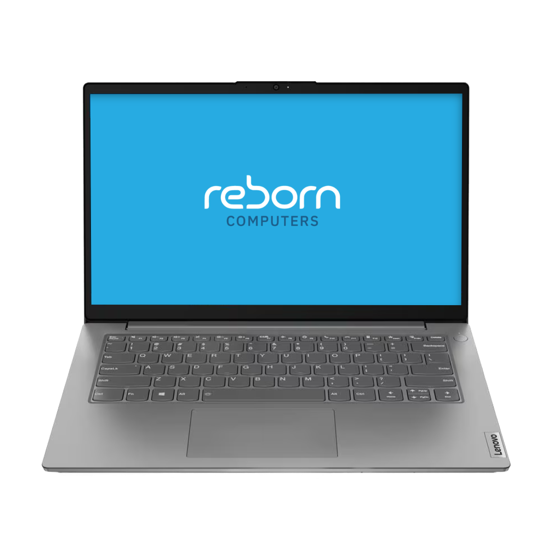 Lenovo V14 laptop front facing with Reborn Computers wallpaper