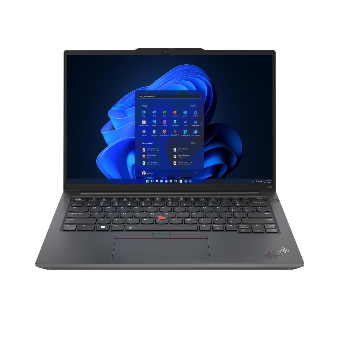 A dark gray ThinkPad E14 laptop swith the screen on and displaying Windows 11.