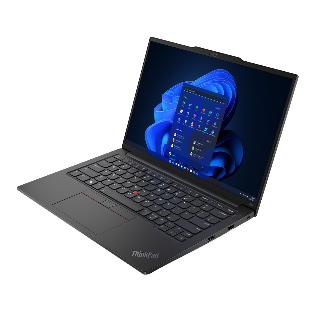 Black Thinkpad E14 laptop at an angle with Windows on the screen