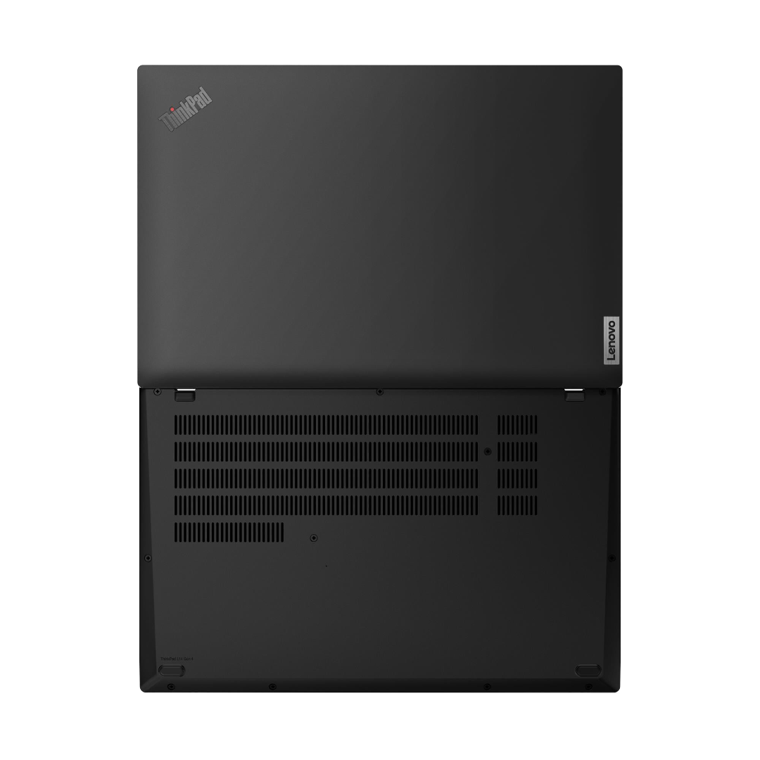 A black Lenovo ThinkPad L14 laptop shown open 180° and facing back.