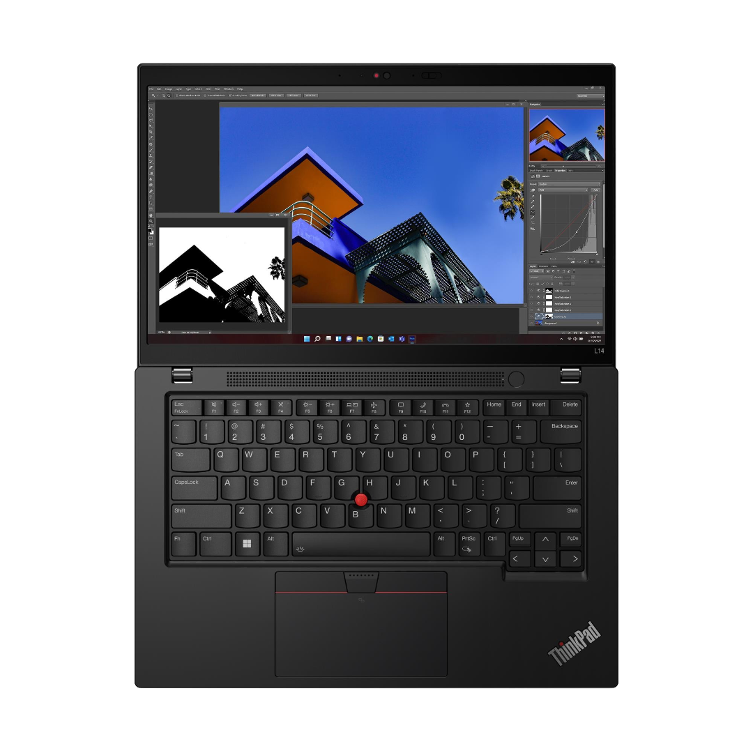 A black Lenovo ThinkPad L14 laptop shown open 180° and facing forward.