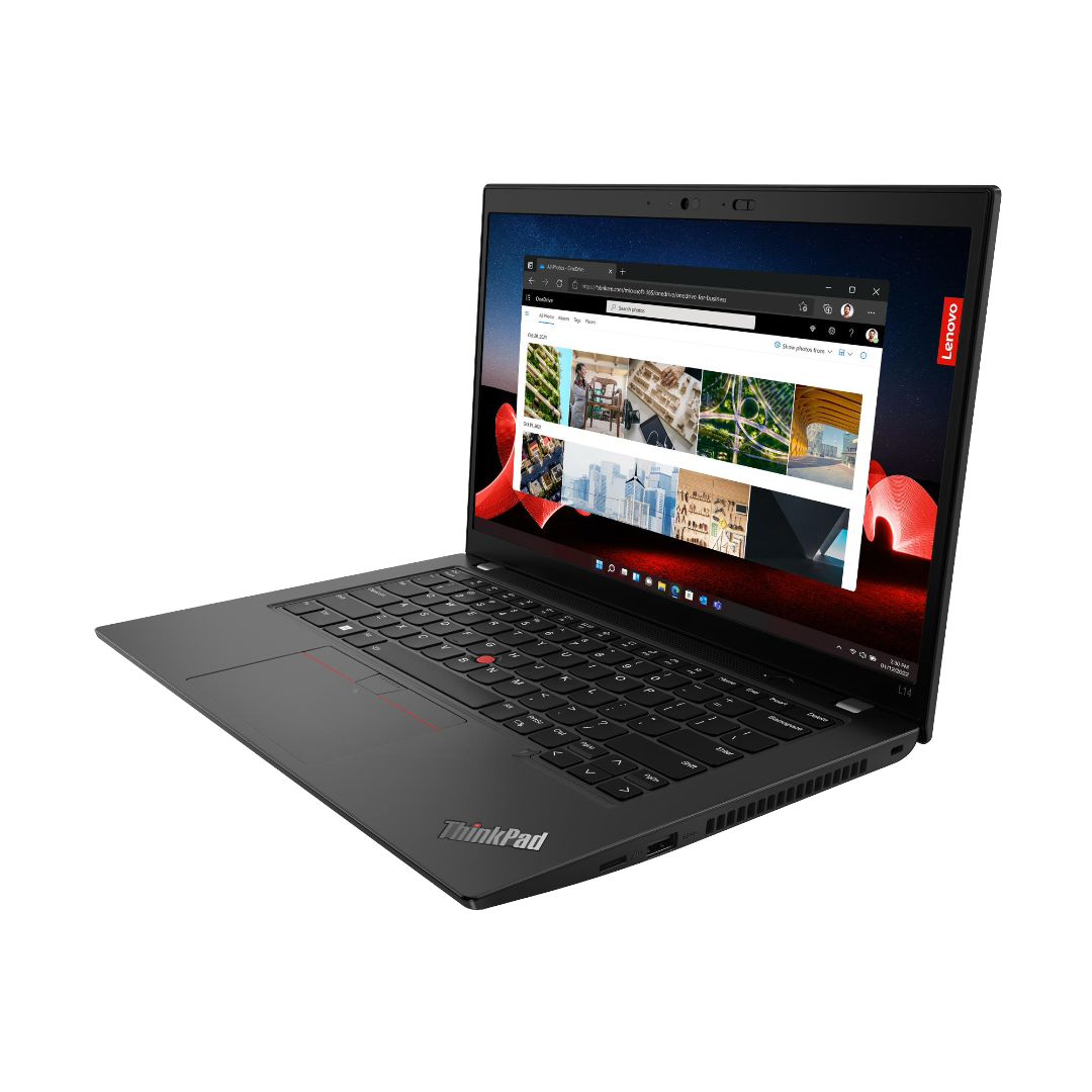A Lenovo ThinkPad L14 laptop shown open at an angle, with the screen turned on and displaying Windows 11.