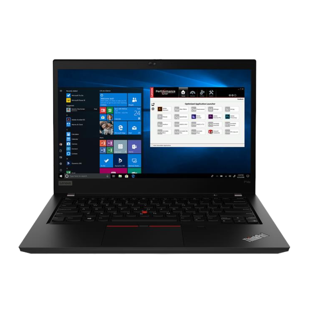 Black ThinkPad P14s laptop facing the front, with display showing Windows 11