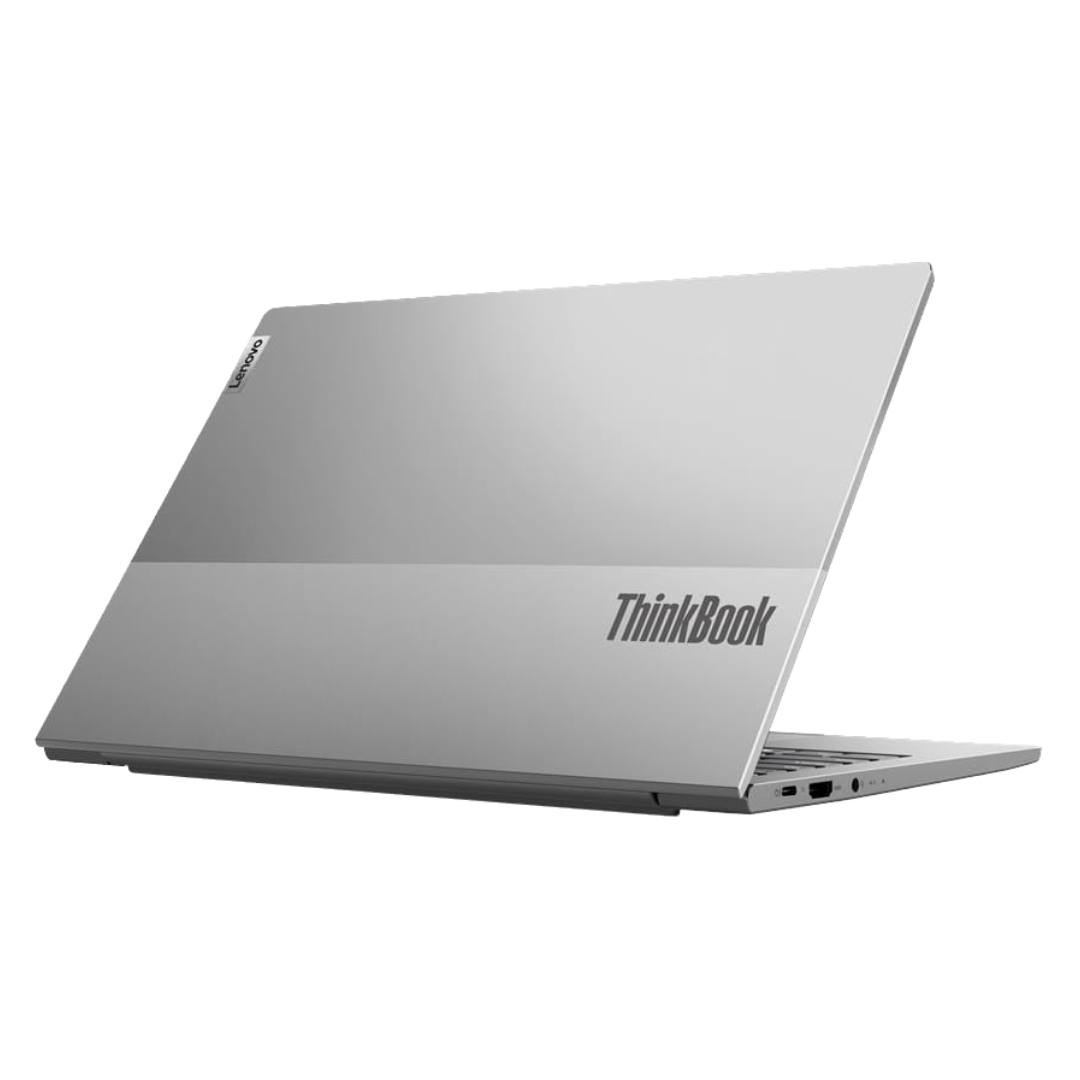 Back of silver Thinkbook 13S laptop. Thinkbook logo visible.