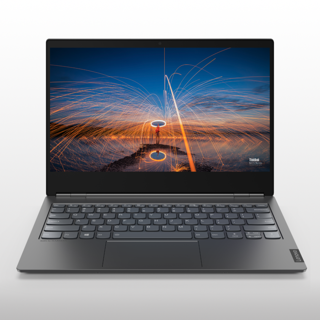 Thinkbook Laptop with a scenic display on a white background