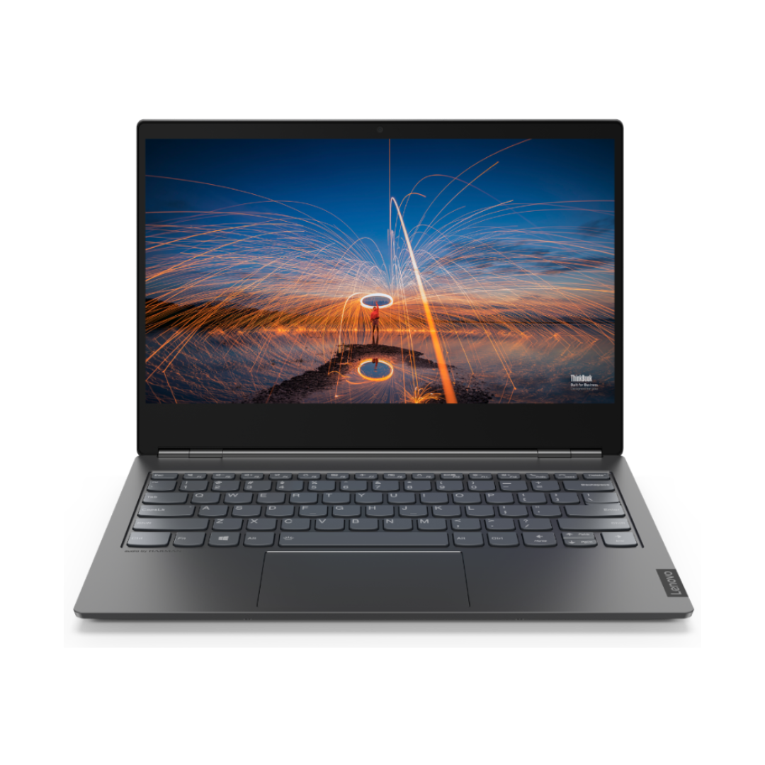 Thinkbook Laptop with a scenic display on a white background