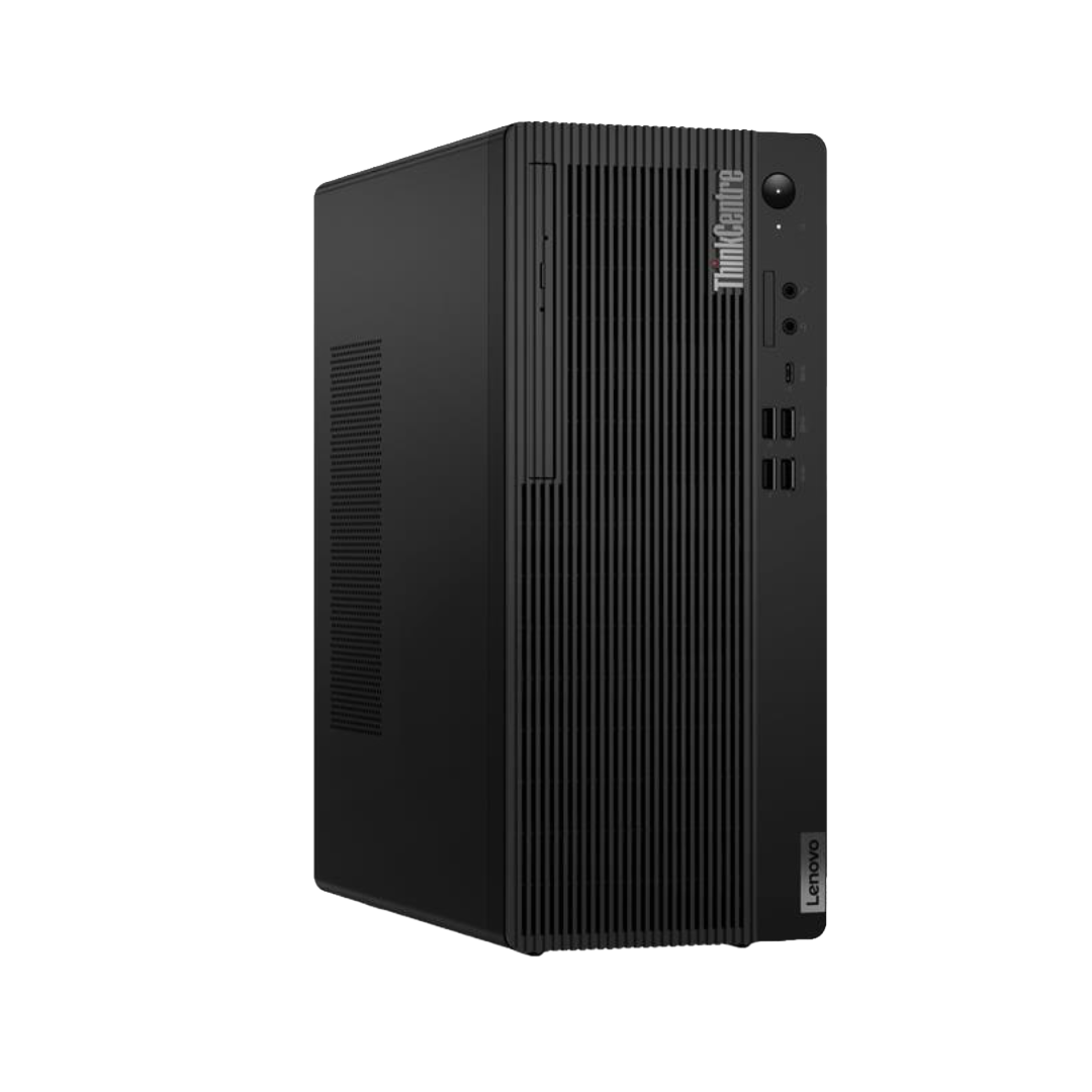 A black Lenovo ThinkCentre desktop computer tower shown from a three-quarter angle.