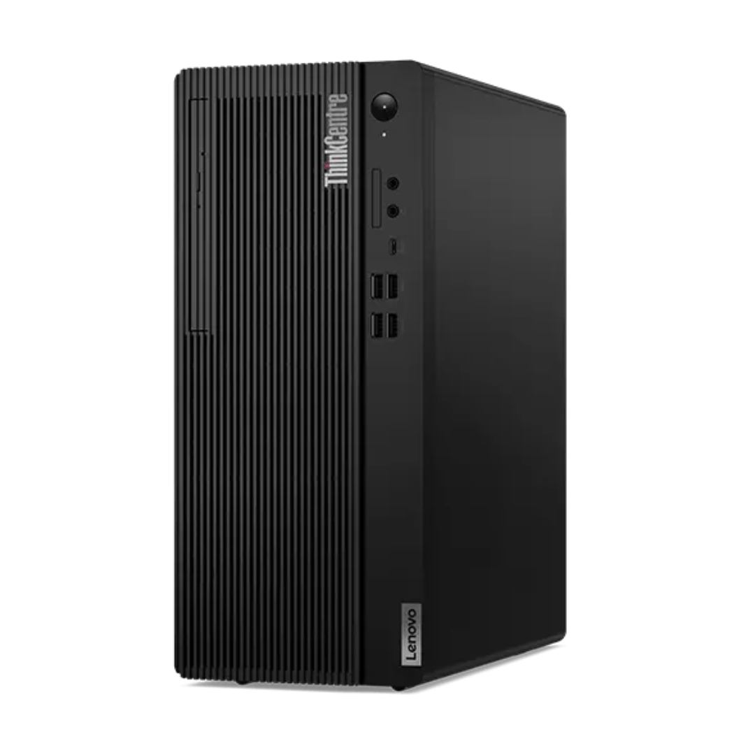 A black Lenovo ThinkCentre desktop computer tower shown from a three-quarter angle.