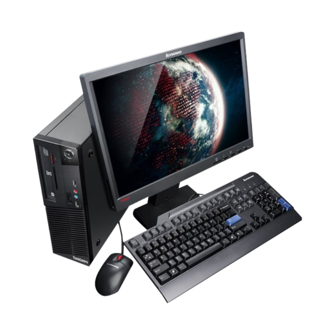 Lenovo Thinkcentre black tower PC with monitor and keyboard and mouse