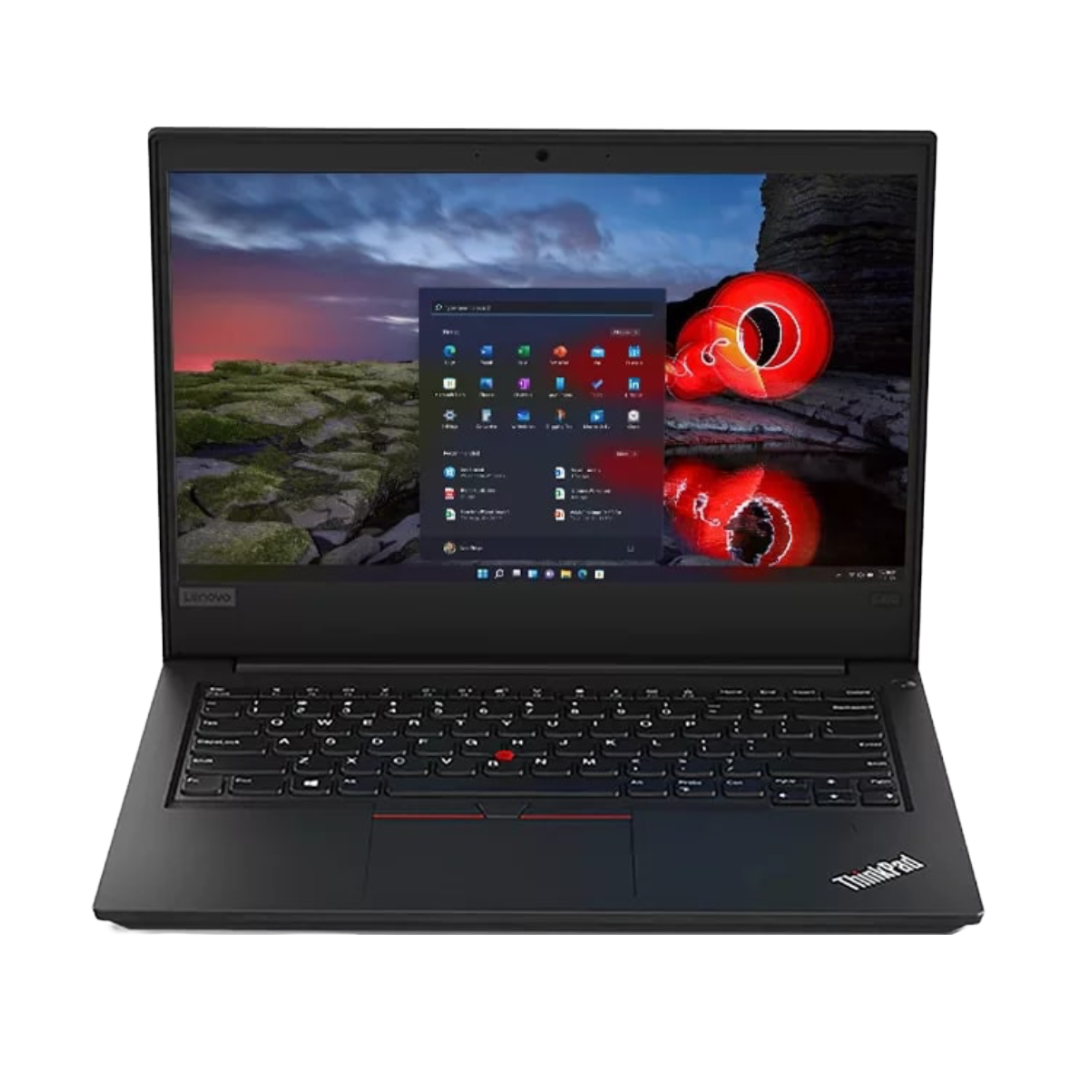 Black ThinkPad E490 laptop with a colourful display