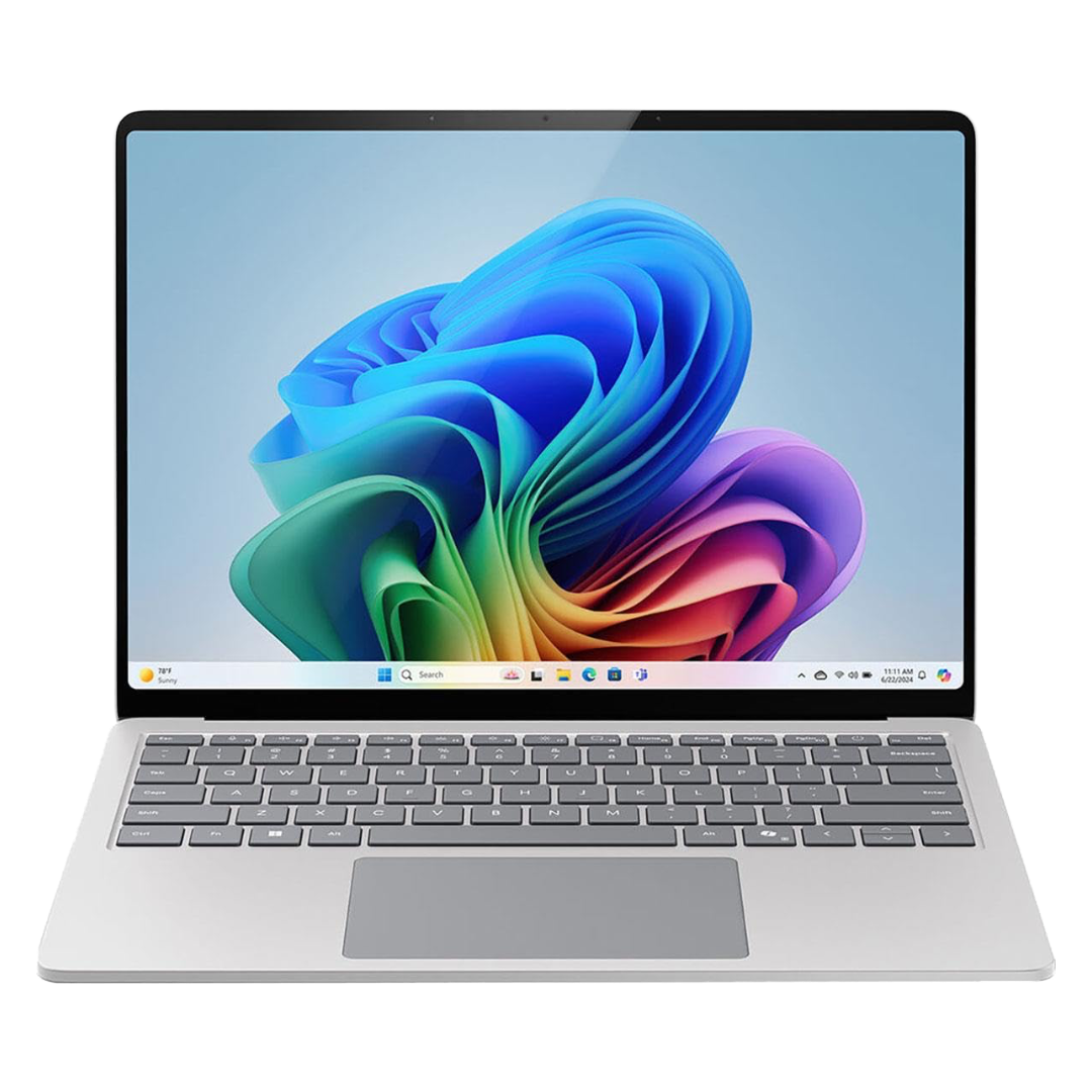 Silver Microsoft Surface touchscreen laptop facing front with Windows 11 on the screen.